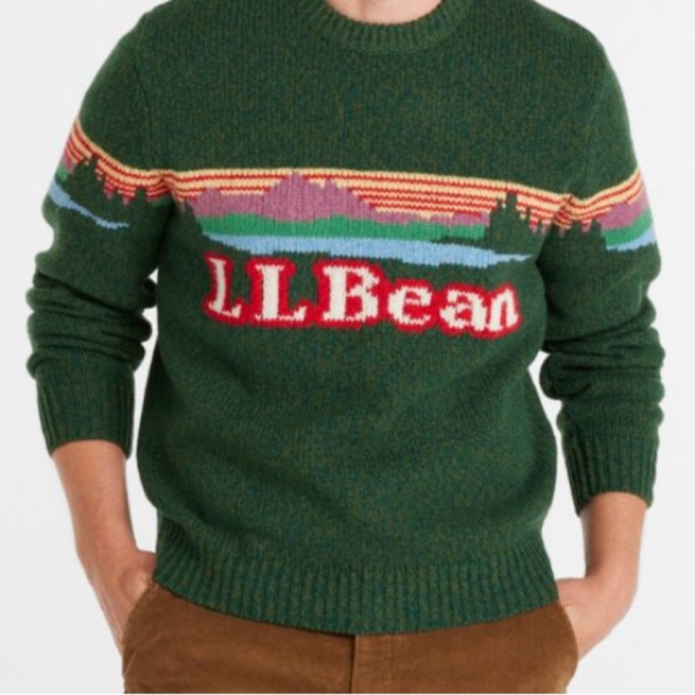 L.L. Bean Classic Ragg Wool Crewneck Sweater - Intarsia - Green / Multicolor